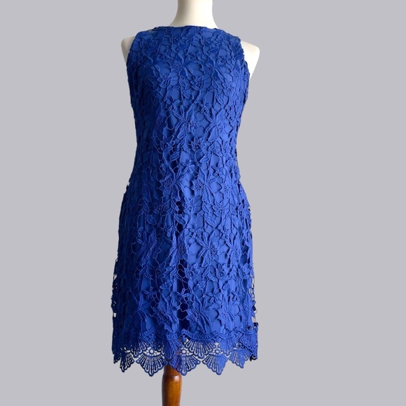 Ralph Lauren Cobalt Blue Floral Overlay Lined Dress Size 4 - Picture 10 of 16